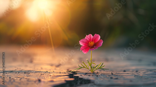 Close up Pink flower growing on crack street sunset background : Generative AI