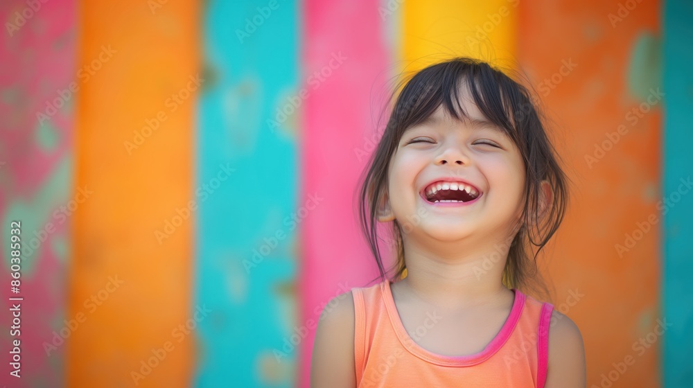 A joyful young girl laughing in front of a vibrant, colorful background. Happiness and youthful energy captured in a candid moment. A joyful young girl laughing in front of a vibrant, colorful background. Happiness and youthful energy captured in a candid moment.