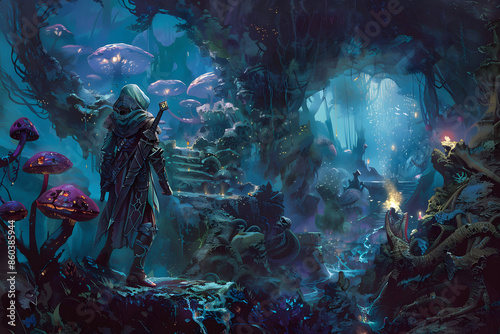 A detailed illustration of a drow ranger navigating through the Underdark, with glowing fungi and dangerous creatures, set in a dark, subterranean environment photo