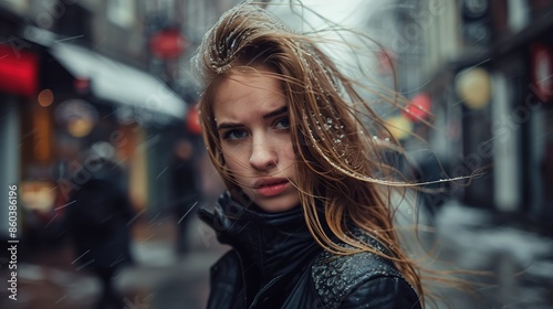 Moody portrait of a young woman with long hair on a rainy city street, emphasizing emotion and urban atmosphere. © Suphot
