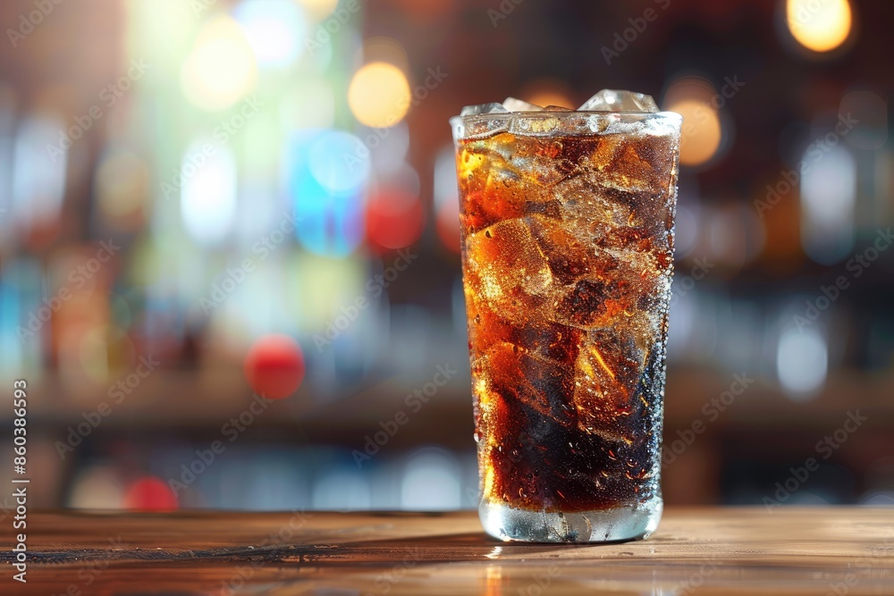 A glass of soda with ice cubes in it sits on a wooden table. The image has a casual and relaxed mood, as it is a simple shot of a drink