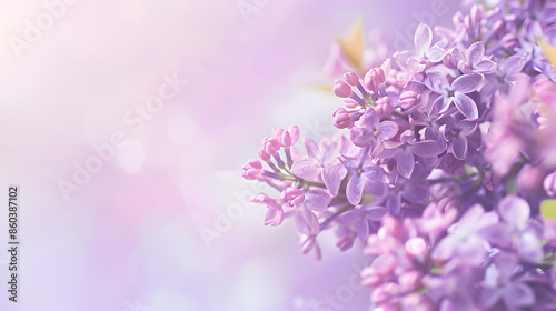 Beautiful Wide Angle soft spring background with lilac flowers Panoramic pastel floral pink and purple template Web banner greeting card with Copy Space : Generative AI