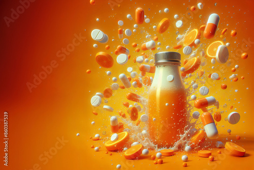 Digital art featuring a bunch of orange and white pills flying in the air, Bright orange background, Perfect for medicine and wellness visuals photo