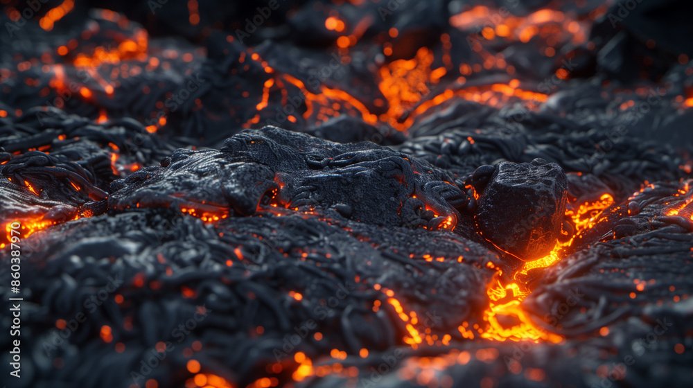 Molten lava flowing through dark cracked rock surface. Molten lava flowing through dark cracked rock surface.
