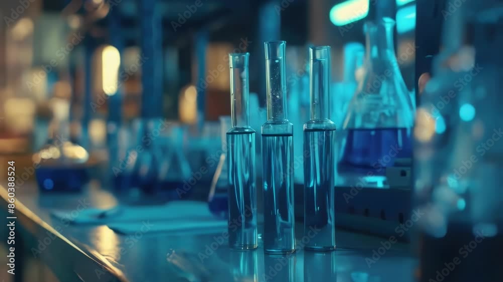 A collection of laboratory glassware sitting on a counter, ready for use. A collection of laboratory glassware sitting on a counter, ready for use.