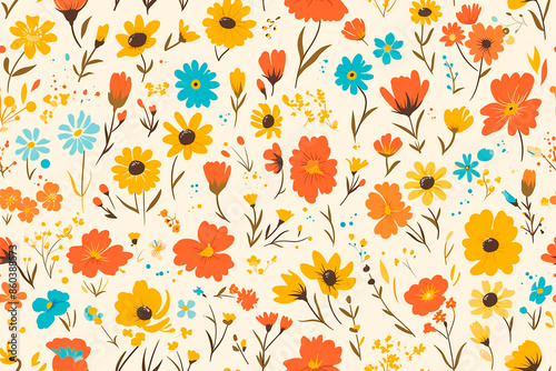 A seamless pattern of colorful flowers in shades of orange, yellow, and blue on a light background, creating a cheerful and lively design.