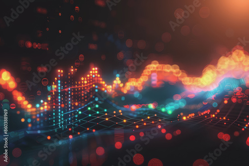 Stock market chart lines and financial graphs on technology abstract background.