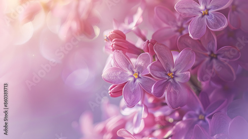 Beautiful Wide Angle soft spring background with lilac flowers Panoramic pastel floral pink and purple template Web banner greeting card with Copy Space : Generative AI