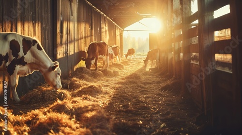 Herd of cows eating hay in cowshed on dairy farm in barn with sunlight. Concept agriculture industry, AI Generative photo