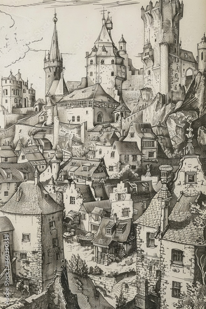 Fototapeta premium Charm of an old engraving town, history comes to life through intricate details and timeless architecture, the past with its rustic beauty and nostalgic ambianc