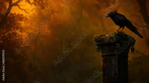 A black crow is perched on a stone pillar in a forest