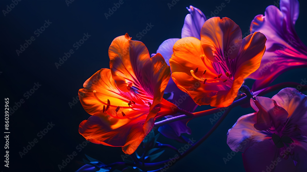 Obraz premium Spring flowers on a dark background orange and purple colors closeup studio shot : Generative AI