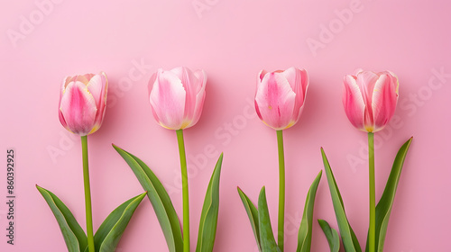 Pink tulips flowers on pink background Waiting for spring Happy Easter card Flat lay : Generative AI © Generative AI
