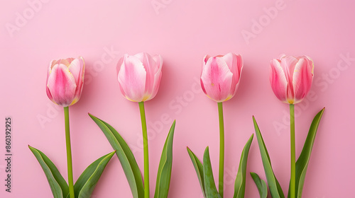 Pink tulips flowers on pink background Waiting for spring Happy Easter card Flat lay : Generative AI