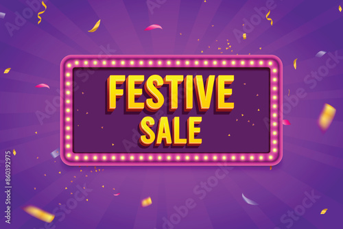 Ethnic Shape 3D Lightbox With Glowing Bulb On Purple Background. Retro Theme Design Vector Illustration. Festive Sale Concept.