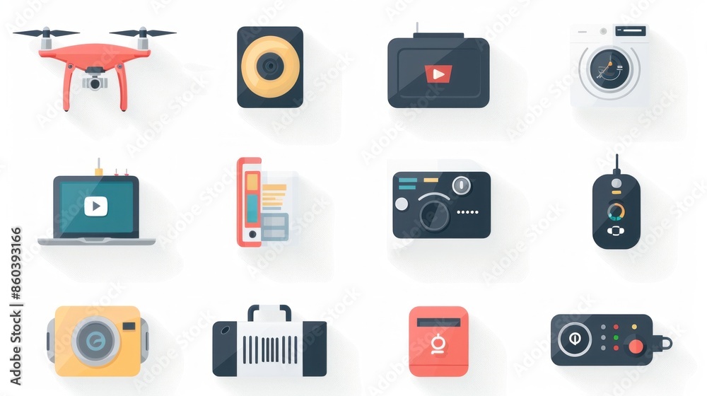 Stylish 2D icons representing a range of electronic devices including a smart home speaker a drone a portable charger and a smart thermostat These icons are perfect for tech blogs apps and digital Stylish 2D icons representing a range of electronic devices including a smart home speaker a drone a portable charger and a smart thermostat These icons are perfect for tech blogs apps and digital