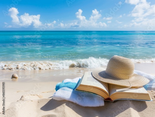 Sandy Beach SceneBook, Hat, and Towel - Relaxing Summer Day Concept.