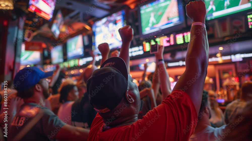Group of friends are crowded around a bar, cheering and watching a sporting event on the televisions Group of friends are crowded around a bar, cheering and watching a sporting event on the televisions
