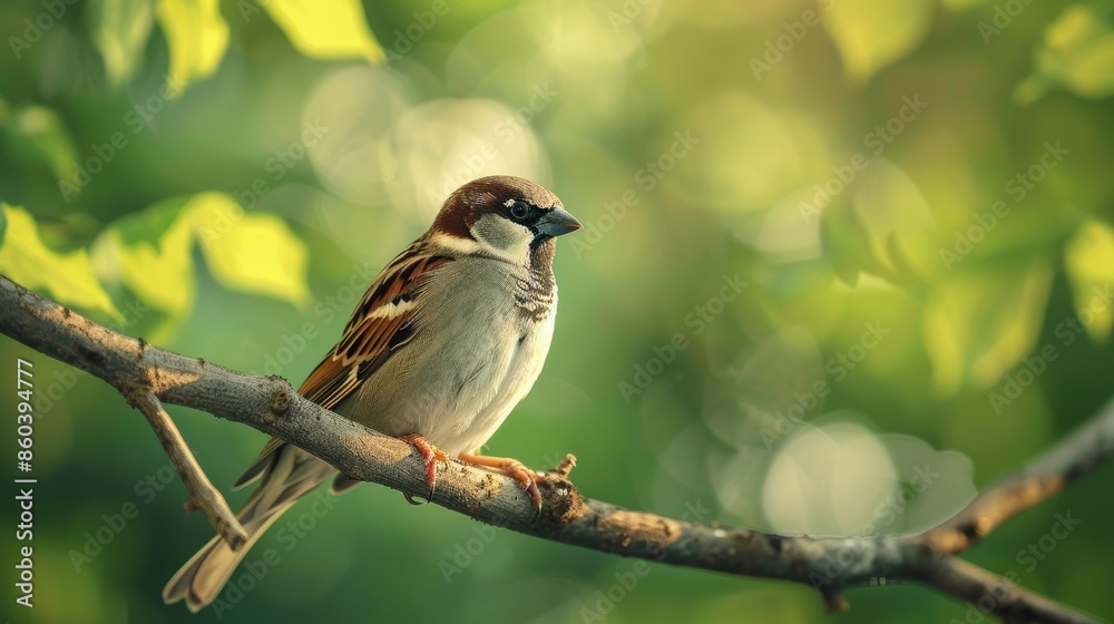A House Sparrow Perched on a Branch in a Lush Green Forest A House Sparrow Perched on a Branch in a Lush Green Forest