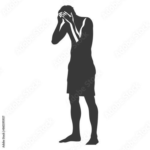Silhouette of Man in Distress: Hands Covering Face, Full Body, Grief Concept.