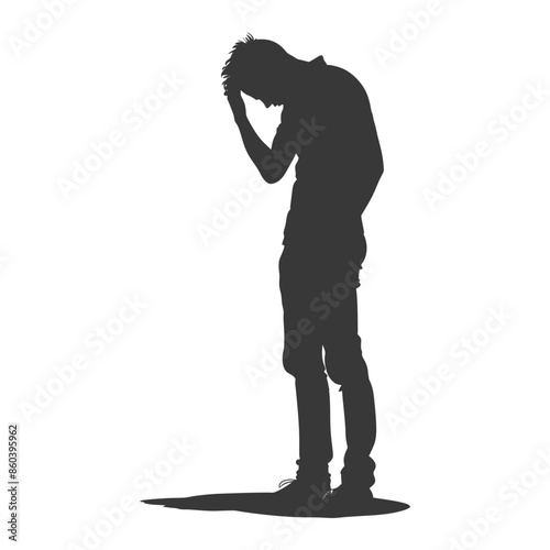 Silhouette of Despair: Young man in shadow, head in hand, isolated on white.