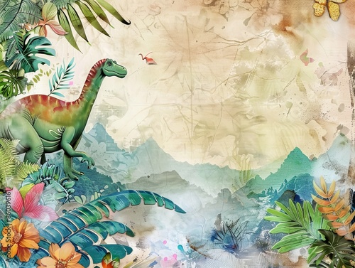 Cute Dinosaur in Jungle Jungle Themed Scrapbook Page for Kids Crafts and Projects