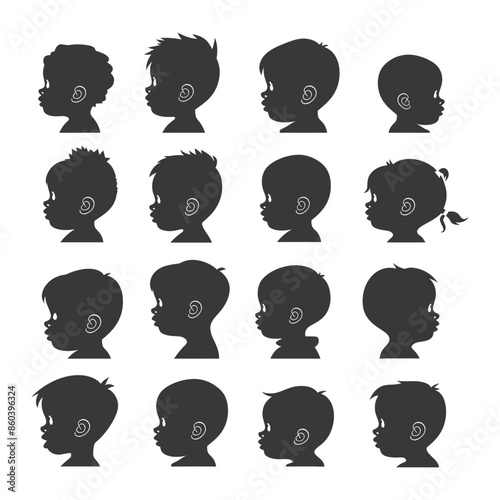 Kids Silhouettes: Diverse Hairstyle Collection, Child Profile Views.
