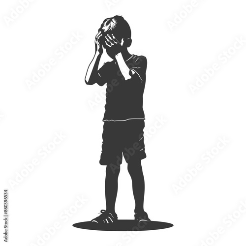 Silhouette of a Sad Boy Covering His Face with Hands.