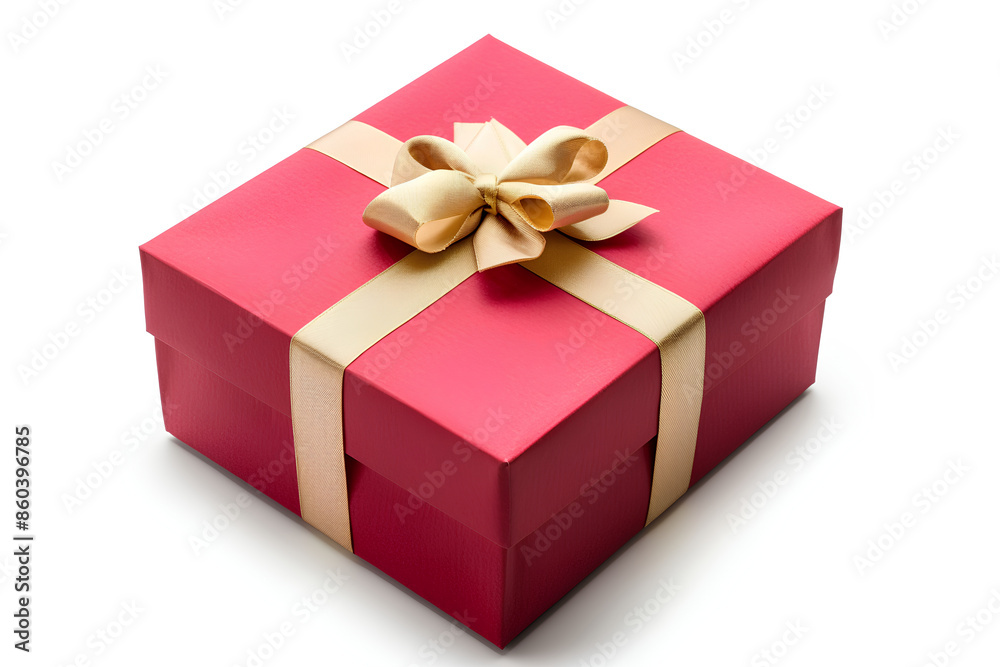 A red gift box with a golden ribbon on a white background, A red gift box with a golden ribbon on a white background,