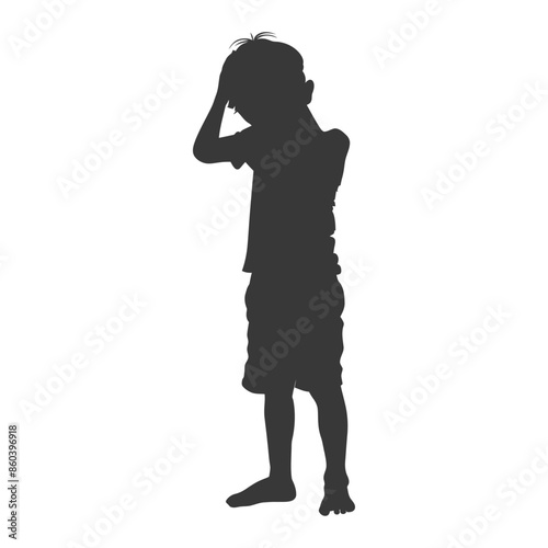 Distressed Child Silhouette: Boy with Head in Hands, Barefoot.