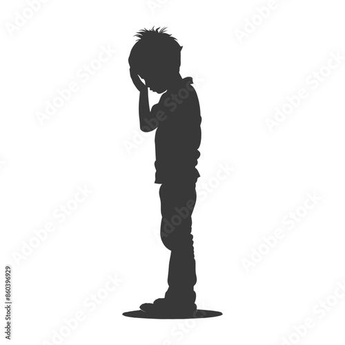 Silhouette of a Sad Boy Covering His Face in Grief.