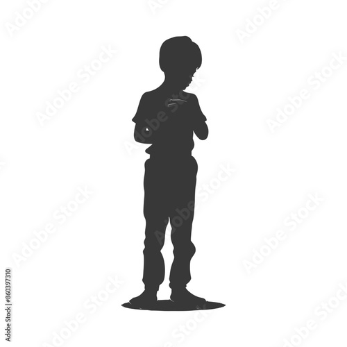 silhouette little boy holding stomach in pain black color only