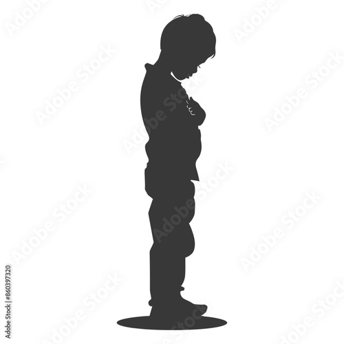silhouette little boy holding stomach in pain black color only