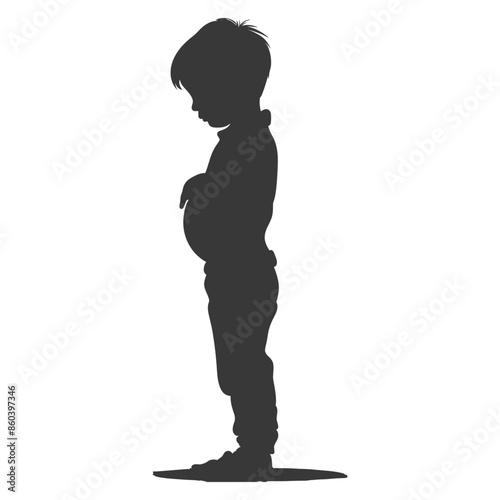 silhouette little boy holding stomach in pain black color only
