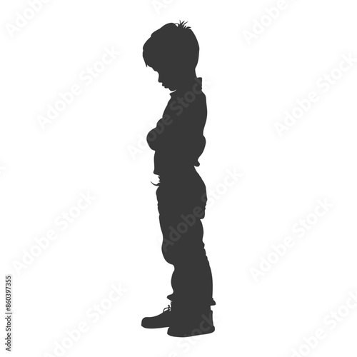 silhouette little boy holding stomach in pain black color only