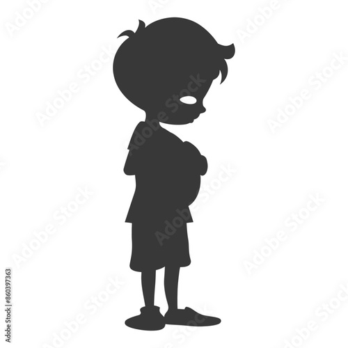 silhouette little boy holding stomach in pain black color only