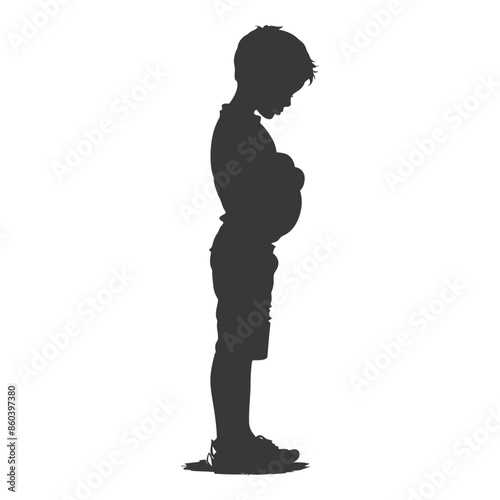 silhouette little boy holding stomach in pain black color only