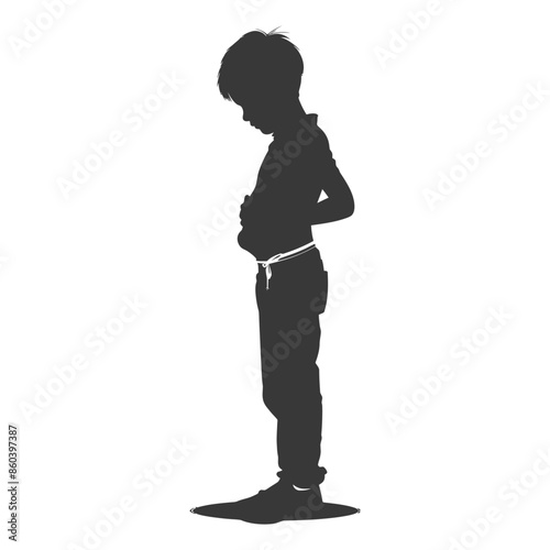 silhouette little boy holding stomach in pain black color only
