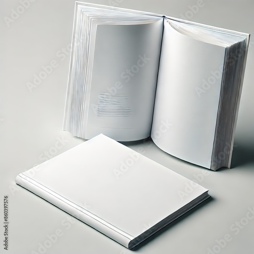 A minimalist photograph of two open blank books, with one lying flat and the other standing up photo