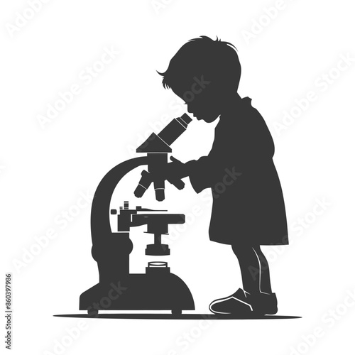 Silhouette of Curious Child Examining Sample Under Microscope, Science Education Concept.