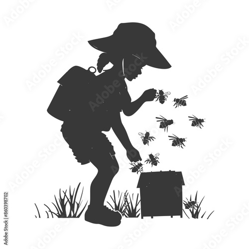 Silhouette: Young beekeeper with hat, backpack, tending beehive and bees in grass.