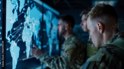 Military strategists use digital maps for global war planning, theaters and advanced military technology. Tactical analysis and operational coordination across global theaters of conflict. © Artinun