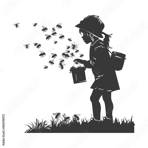 Girl with Bees: Silhouette of a child holding a bucket, surrounded by a swarm of bees in a field.