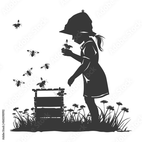 Silhouette: Child with Flower, Bees Around Hive in Grassy Field.