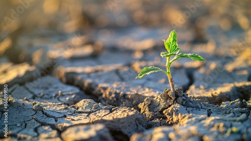 High-resolution image of a small green plant emerging from the dry, cracked soil, highlighting the juxtaposition of life and adversity in a climate-affected landscape, emphasizing themes of growth