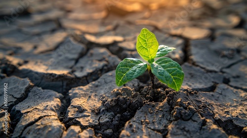 High-resolution image of a small green plant emerging from the dry, cracked soil, highlighting the juxtaposition of life and adversity in a climate-affected landscape, emphasizing themes of growth