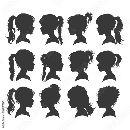 Silhouette Collection: Girl's Hairstyle Variations, Vector Set.