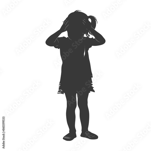 Silhouette of a Confused Little Girl Holding Her Head, Isolated on White.