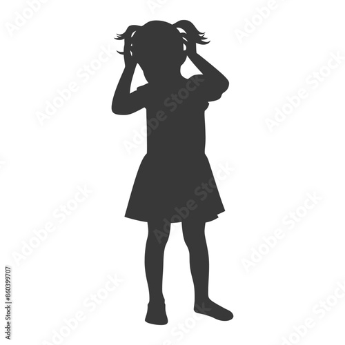 Silhouette of a Puzzled Girl with Pigtails, Holding Her Head.