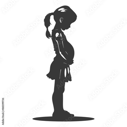 Silhouette of Pensive Girl: Holding Abdomen, Child Health, Isolated Graphic.